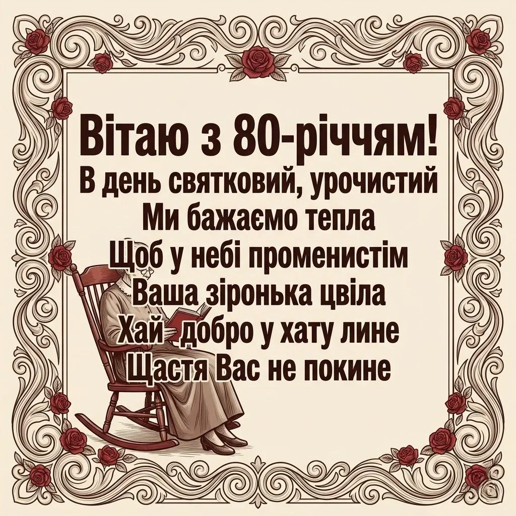 Привітання з 80-річчям жінці: слова пошани, любові та побажання довголіття